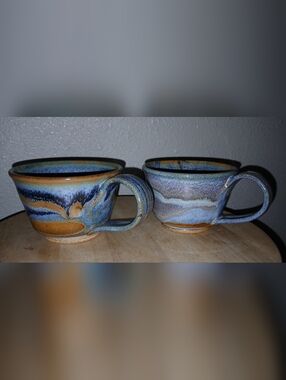 Handmade Ceramic Coffee Mugs - Blue and Brown Glaze (Set of 2)